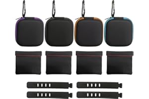 MEMOFYND Funda para auriculares de 4 mosquetones con 4 bolsillos negros para guardar cables y 4 correas de gestión de cables para facilitar el transporte, funda protectora para auriculares y caja de