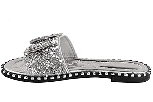 Fashion Thirsty Womens Ladies Flat Slip On Diamante Sandals Low Heel Party Wedding Bling Sliders Studded Mules Summer Holiday Flip Flops Size
