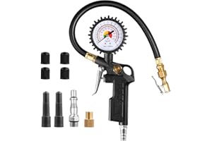 CZC AUTO Multifunction Tyre Pressure Gauge with Tyre Inflator, 220 PSI with Brass Air Chuck, Compressor Accessories with Rubber Hose & Quick Male Coupling