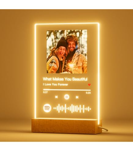 Lampada Led Spotify Personalizzata Con Foto E Codice - Regalo Originale Con Base In Legno E Luci Multicolore