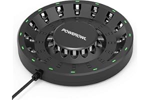 POWEROWL Caricabatterie 16 Slot Indipendente per Pile Ricaricabili Stilo e Ministilo con Luce e spina LED intelligenti, per Batterie Ricaricabili AA AAA NIMH NICD