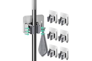 Henrycares 6-Pack Broom Mop Holder, Silver Stainless Steel Self Adhesive Broom Holder Mop Holder Wall Mounted with Hook Hanger for Kitchen, Bathroom, Closet, Garden Garage etc