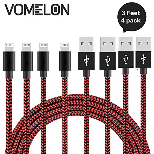 Preisvergleich Produktbild iPhone Ladekabel Lightning Kabel, [3FT-4Pack] Nylon geflochtene extra lange Verwicklung frei Kabel Hochgeschwindigkeits-Ladegerät für iPhone 7 / 7 Plus / 6S / 6 Plus, SE / 5S / 5, iPad, iPod Nano 7-[Rot + schwarz]