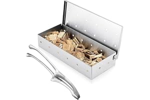 TINMIX Edelstahl-Räucherbox zum Grillen von Holzspänen mit Lebensmittelzange Perforierte Rauchkammer Grillzubehör für Holzkohlegrill/Gasgrill BBQ