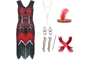 Gammify Abito da sera da donna anni '20, con scollo a V, con perline e frange, set di accessori 20