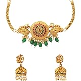 Yellow Chimes Jewellery Set for Women Gold Plated Green Beads Drop Peacock Designed Bridal Choker Necklace Set for Women and 