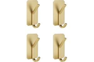sprecenk Self Adhesive Hooks, 4 Packs Sticky Hooks Extra Strong Towel Holder Door Hooks, Aluminum Wall Hooks for Hanging in Bathroom Kitchen Bedroom, Gold