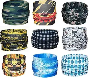 VT VIRTUE TRADERS Unisex Headwear Headband Head Wrap UV Resistance Sports Bandana Magic Scarf Face Mask (Assorted Colour and Design, Multicolour) - Pack of 9