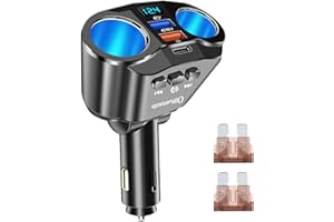 OUPDATE 80W Bluetooth Car Cigarette Lighter Adapter Car Multi-Socket Charger with USB A Fast Charging 4.8A, USB Data Port 1A, Type C Port 15W, 12V/24V Multi Socket Splitter with LED Voltmeter for Phones GPS