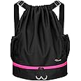 RYACO Drawstring Backpack Sports Gym Bag, Water Resistant String Sackpack Large Size with Zipper and Water Bottle Mesh Pockets for Gym Shopping Sport Yoga School Swimming Beach