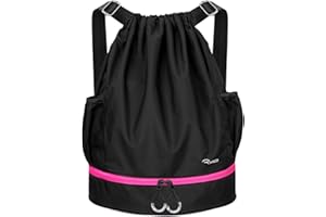 RYACO Drawstring Backpack Sports Gym Bag, Water Resistant String Sackpack Large Size with Zipper and Water Bottle Mesh Pockets for Gym Shopping Sport Yoga School Swimming Beach