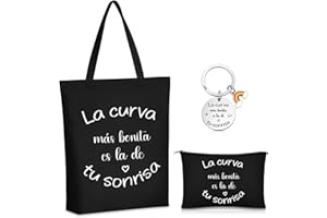 Xuniea 3 Piezas Regalos para Mujer en Fiesta de Navidad Bolso Tote Negro, Monedero Pequeña y Llavero de Acero Inoxidable la Curva Más Bonita Es la de Tu Sonrisa Set de Regalo Inspirador