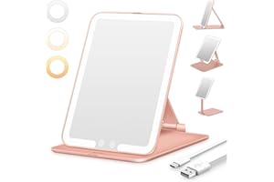 ‎AUXMIR Auxmir Lusterko kosmetyczne z oświetleniem, lusterko do makijażu, składane lusterko podróżne z 3 kolorami światła, różowe złoto