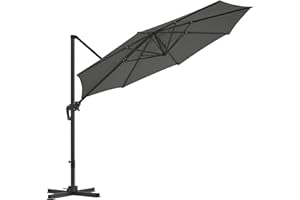 SONGMICS Garden Patio Cantilever Parasol, Offset Banana Hanging Umbrella, Sunshade with UPF 50+ Protection, 360° Rotation, Adjustable Tilt, Crank for Opening Closing, with Base