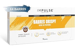 4 Barres Protéinées Crispy Chocolat - 11g Protéines, Riche en Fibres, Faible en Sucres - Prise de Masse, Énergie & Plaisir - Snack Protéiné - Encas Sain - Texture crunchy - IMPULSE NUTRITION