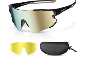 Odoland Lunette de Cyclisme Polarisées, Lunettes de Soleil de Sport UV 403 avec Remplaçables Vision Nocturne Verres pour Vélo, Pêche, Course à Pied, Homme Femme et Jeunes, Or