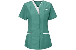 BATTNOT Kasacks Damen Pflege Günstig Einfarbig Kurzarm V-Ausschnitt T-Shirt Tops mit Taschen Schlupfhemd Arbeitsuniform Pflegebekleidung Kasack Krankenpfleger Uniform Pflegeheim Nurse Berufskleidung Tops