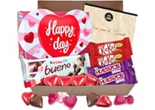 Cajita para Regalo con Chocolate Kinder Bueno, Bombones en forma de Corazon Rellenos, Kit Kat, Huesitos, Gominolas, y Mucho M