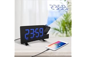 AOZBZ Projection Ceiling Wall Clock Digital Projector Radio Alarm Clock FM Radio Clock 7.1" Wide Curved Screen LED Digital Desk/Shelf Clock USB Charging (Blue Display)