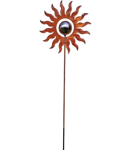 Sissi Piquet de jardin en forme de fleur en métal rouillé avec boule en acier inoxydable 118 cm Sissi Piquet de jardin en forme de fleur en métal rouillé avec boule en acier inoxydable 118 cm