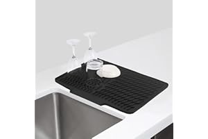 Wsetyy Dish Drying Mat, 40 x 33CM Large Silicone Draining Mat for Sink, Draining Board Mats for Kitchen Worktops (Black, 40x33cm)