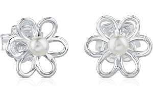 TOUS Pendientes de Plata de Primera Ley para Mujer con Motivo Flor de 1.1 cm y Perlas con Cierre de Presión, Elegante y Simple, Colección Maggie