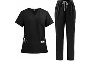 Meichoon Scrubs Set for Women Medical Uniform Set with V Neck Short Sleeve Top Straight Leg Pants 8 Pockets Stretchy Drawstring Moisture-Wicking DK77