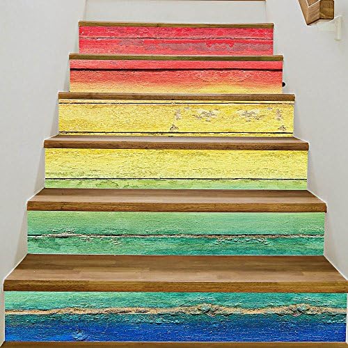 Exoticbuy Rainbow Wood Plank Self-Adhesive Sticker Floor Stairs Wall Decal 6 pcs Set