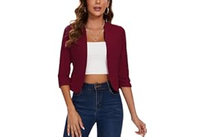 MINTLIMIT Womens Cropped Blazer Collarless Suits & Blazers Open Front Jackets 3/4 Ruched Sleeves Outerwear Half Linen Cardigan