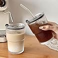 UI Intros Ice Coffee Glass Tumbler, Thick Wall Water Glass Cup Mug Tea with Glass Straw and Lid 390ML Glass Sipper Ideal for Chocolate & Beverage, Mocha, Cappuccino, Shake, Juice