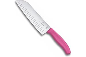 Victorinox Swiss Classic Cuchillo de cocina/Santoku, Con hoja de 17 cm y filo alveolado, Fabricado en acero inoxidable, Blister, Rosa