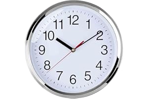 Plumeet Wall Clock, 10" Non Ticking Silent Quartz Wall Clocks, Battery Operated, Decorative Home Office School Clock (Chrome)
