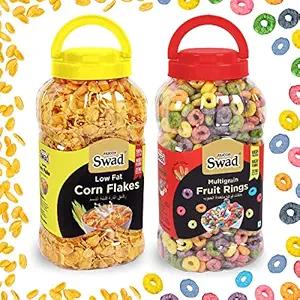 Swad Corn Flakes & Fruit Rings (Wholegrain Froot Loopy Breakfast Cereal Kids) 2 Jars, 550 g