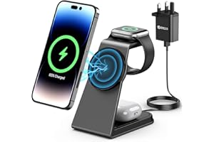 AOWIN 3 in 1 Mag-Safe Wireless Charging Station,Aluminum Alloy Magnetic 15W Fast Charger Stand Compatible with iPhone 16/15/14/13 Series,Apple Watch Series,Airpods 3/2/pro