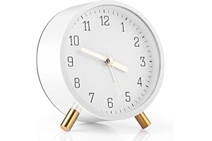 Gerbala Klasyczny budzik analogowy, bez tykania, z funkcją drzemki, super cichy, bez tykania, z lampką nocną, zasilany bateriami, modny okrągły metalowy budzik (biały)