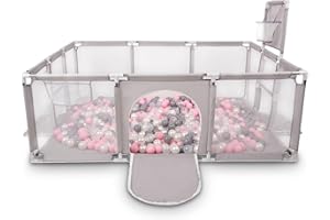 Selonis Parc Bébé Avec 200 Balles Plastiques Aire De Jeu Pliable Basket Football, Gris: Perle/Gris/Transparent/Rose Poudré