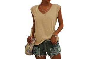 ASKSA Femme T-Shirt Débardeur Col en V à Mancherons été Couleur Unie Sport Tee Hauts Chemises Amples de Base Shirts