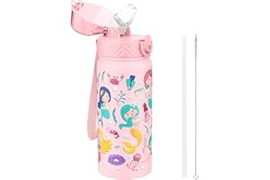 GOPPUS 550ml/18oz Kids Insulated Water Bottle with Straw Cute Double Wall Stainless Steel Child's Small Flask Vacuum Insulated Steel Metal Leak Proof Drink Flask Boys Toddler Girls Flask BPA-Free