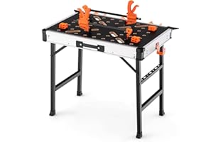 GOPLUS Banco de trabajo plegable, mesa regulable en altura con capacidad de 454 kg, 2 abrazaderas rápidas, 4 ganchos de sujeción y 3 cajas de herramientas, multifuncional