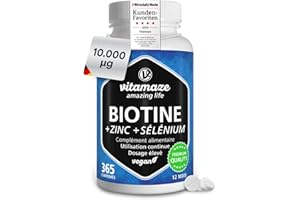 VITAMAZE - AMAZING LIFE Biotine Complexe 10.000mcg - 365 Micro-Comprimés (1An) avec Sélénium et Zinc - Accélère Pousse des Cheveux, Peau et des Onglés - Vegan Pure Vitamine B8 - Sans Additifs Inutiles- Vitamaze®