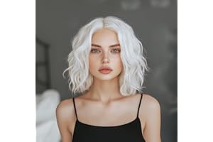 ‎SIMKAYLEE SIMKAYLEE Weiße Haare Lockige Perücke Kurzhaar für Frauen Kurz Locken Weisse Oma Bob Perrücken Damen Schulterlang Mittelscheitel White Curly Short Wig für Anime Karneval Party Cosplay (36 cm)