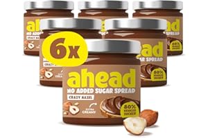 ‎AHEAD ahead CRAZY HAZEL | 6 x 200g Haselnusscreme ohne Zuckerzusatz | Super leckerer Schokoaufstrich mit 80% weniger Zucker* | Ohne Palmöl, glutenfrei & vegetarisch | Zuckerarmer Brotaufstrich Schokocreme