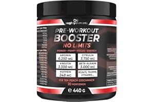 ‎MIGHTY ELEMENTS Mighty Elements Pre-Workout Booster No Limits, Arginin 6.250 mg, Citrullin 3.750 mg, Kreatin 3.300 mg, Beta-Alanin 3.000 mg, Koffein 248 mg, Eisteepfirsichgeschmack, 20 Portionen, 440 g