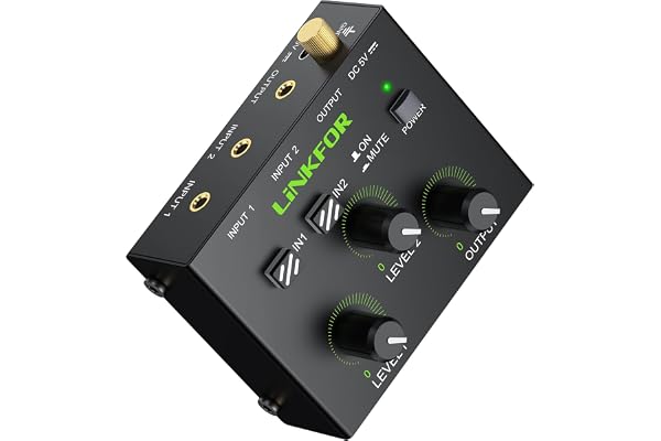 LiNKFOR Mixer Stéréo 3.5mm 2 Canaux avec Préamplificateur Table de Mixage Mini avec Contrôle Volume Doré Câbles et Alimentation Inclus