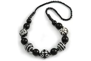 Avalaya Black Wood Bead with White Floral Motif Black Cotton Cord Necklace - 66cm Long