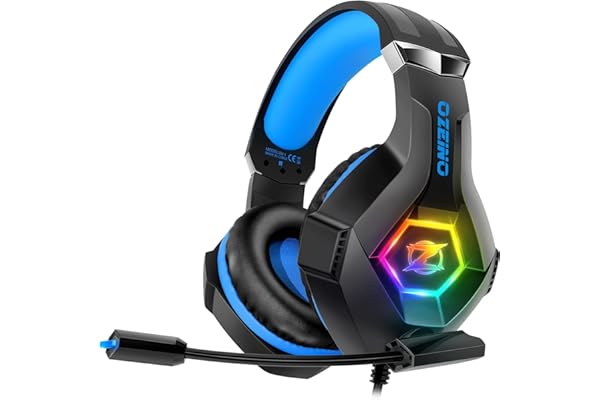 Cascos Gaming, Auriculares Gaming con Micrófono Rotatorio, Luz RGB, Premium Stereo, Orejeras Ligero Cómodo, para PS4 PS5 Xbox PC Switch Tableta Laptop