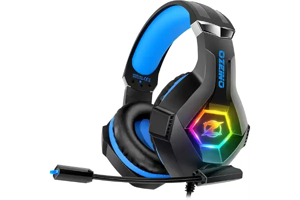Ozeino Cascos Gaming, Auriculares Gaming con Micrófono Rotatorio, Luz RGB, Premium Stereo, Orejeras Ligero Cómodo, para Ps4 Ps5 Xbox PC Switch Tableta Laptop