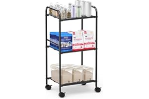 HOMYHANDS 3 Tier Rolling Cart with Wheels, Detachable Utility Storage Cart with Handle and Lockable Casters, Storage Basket Organizer Shelves, Easy Assemble for Bathroom, Kitchen (Black, 3 Tier)