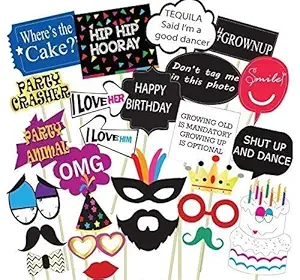 Party Propz Birthday Photo Booth Props 26Pcs Set with Funny Crown Fun Mask Hats Beard Happy Face Wig Mustache Prop for Boys Girls Kids Selfie Photobooth,Birthdays Parties Items Decorations Supplies