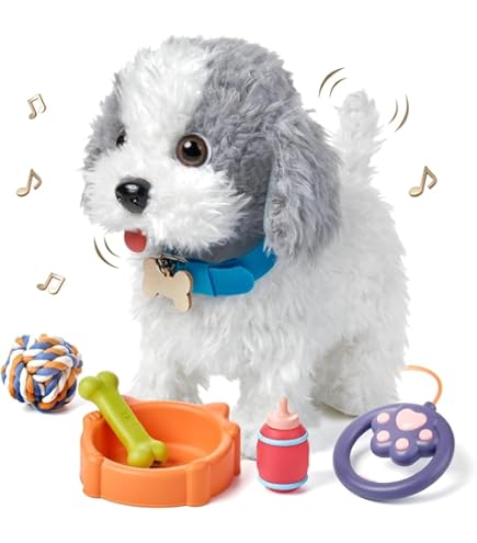 DeAO Chien En Peluche Mignon Qui Marche Avec Kit D'entretien Et Chariot